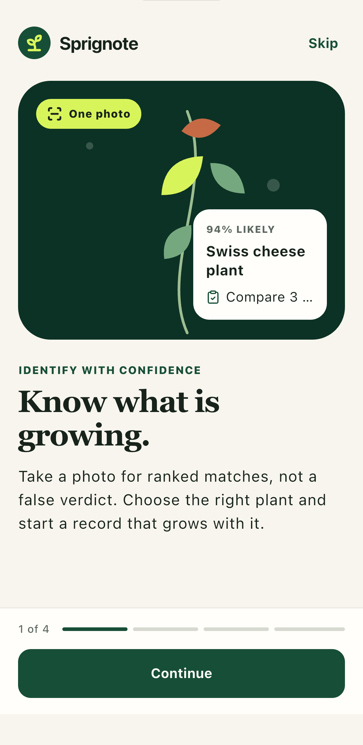 Sprignote onboarding showing a ranked plant identification result